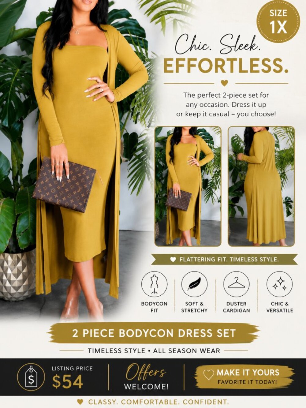 Mustard 2 Piece Bodycon Dress & Long Duster Set 1X Plus Size Stretch Midi Outfit